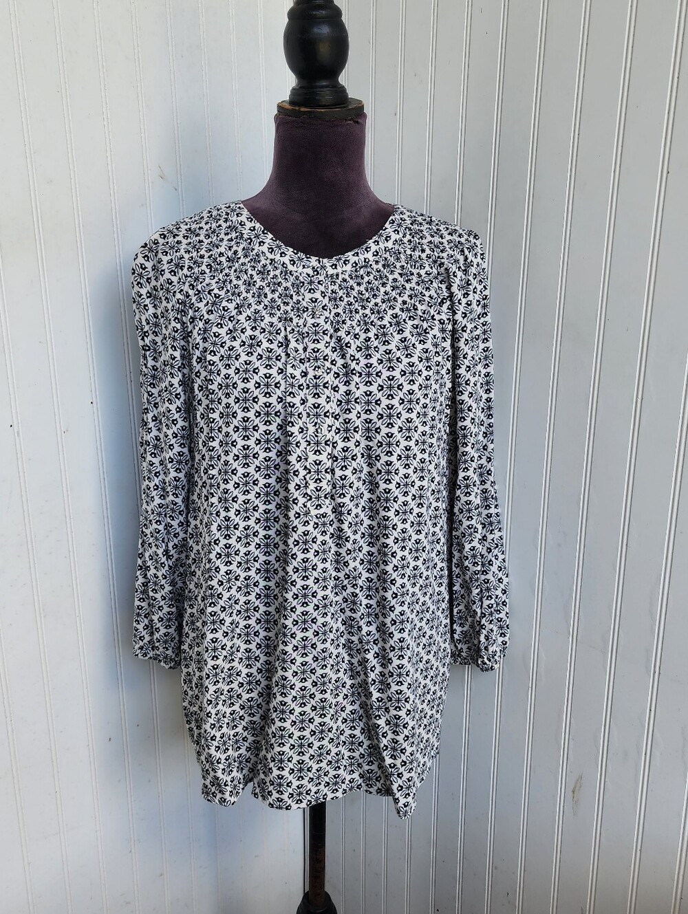 Croft & Barrow Blouse Floral Smocked Collar Academia Boho 3/4 Sleeve Rayon XXL